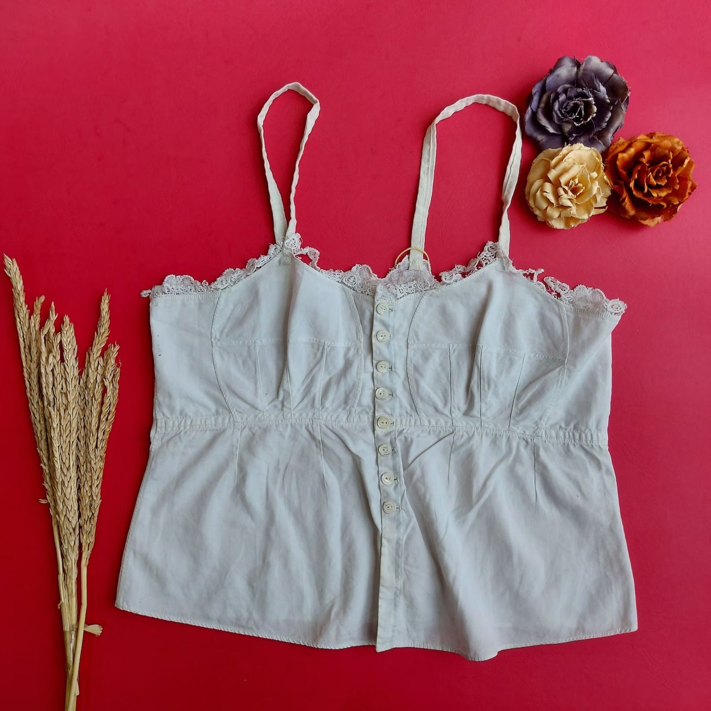 Indonesian Vintage Camisole in White with Kerancang Embroidery