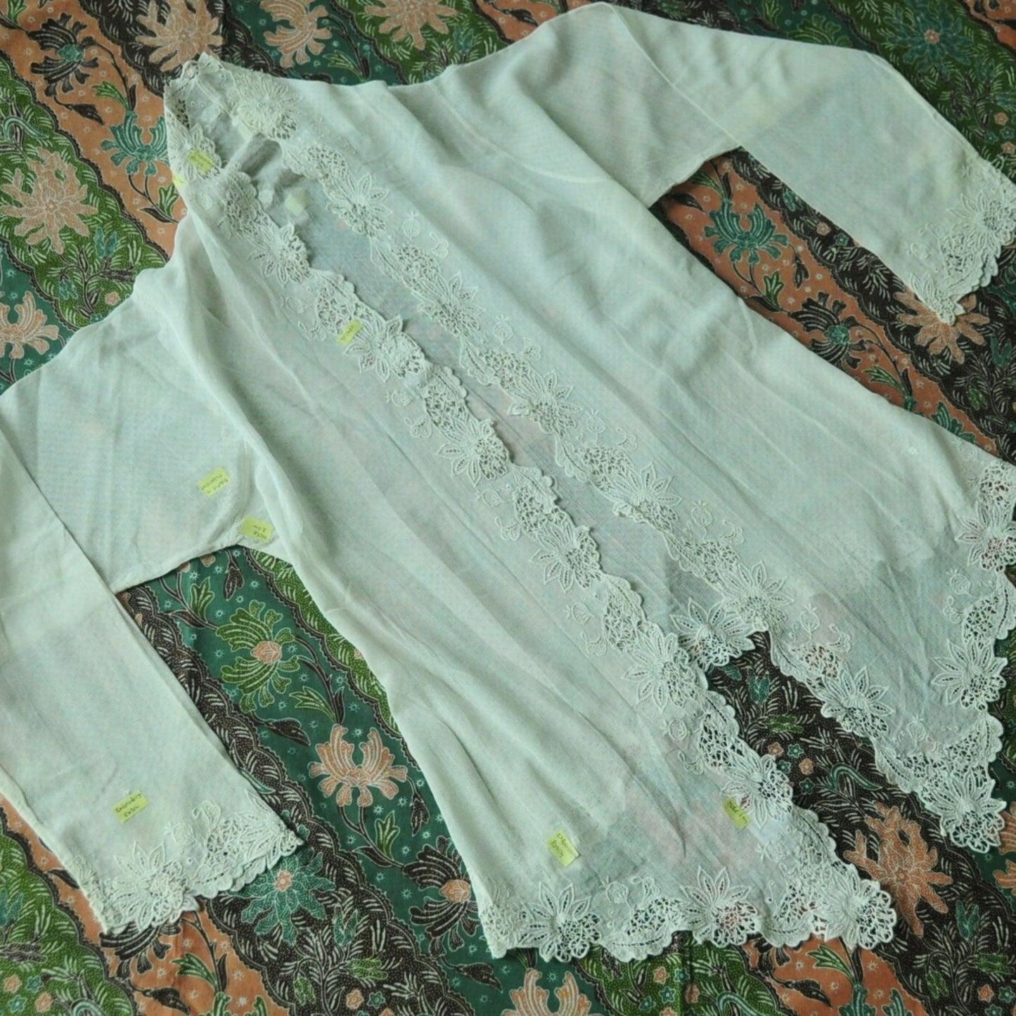 Vintage Broken White Indonesian Kebaya with White and Blue Floral Kerancang Embroidery