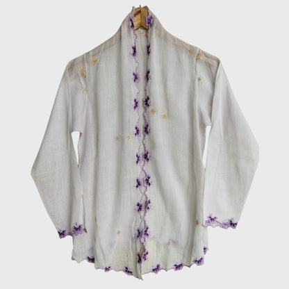 Vintage White Kebaya Voile Purple Embroidery