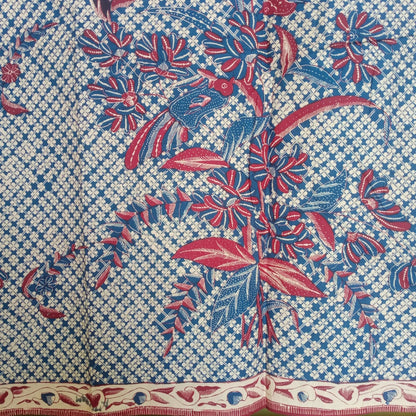 1980s Tumpal Pasung Red Blue Clover Leaf Motif Saroong Shawl