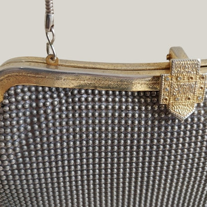 Vintage Gold Tone Kiss Lock Gray Metal Mesh Sling Bag