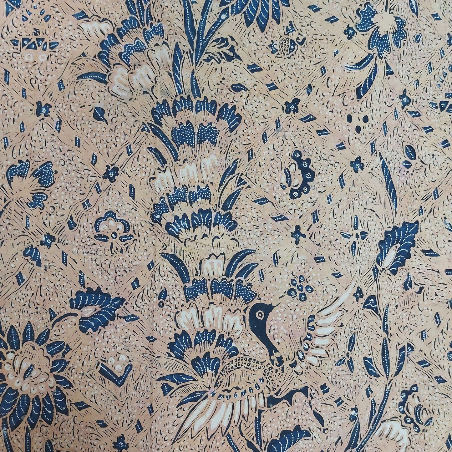 Old Indonesian Hand Drawn Classic Sogan Sidomukti Batik with Peacock and Flower Bouquet