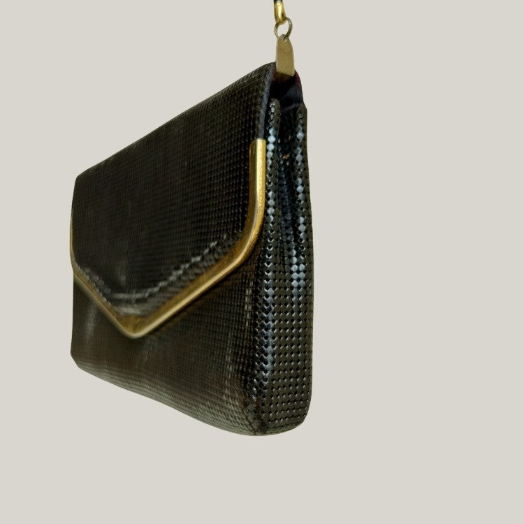 Vintage Envelope Gold Tone Black Metal Mesh Sling Bag