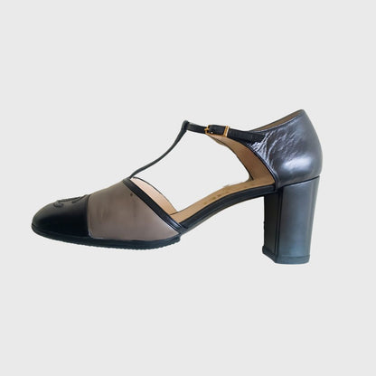 1990s Mary Jane with Logo Leather Black Gray Heels