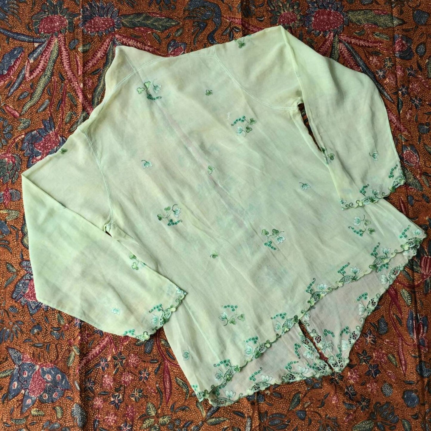 Vintage Lime Green Indonesian Kebaya Encim with Green Floral Embroideries