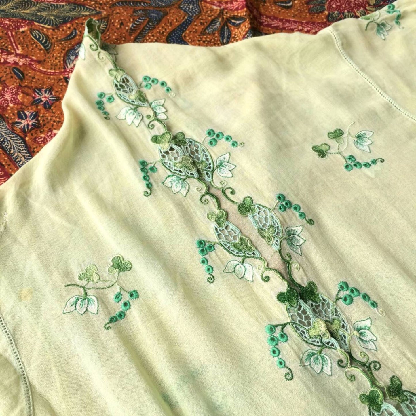 Vintage Lime Green Indonesian Kebaya Encim with Green Floral Embroideries