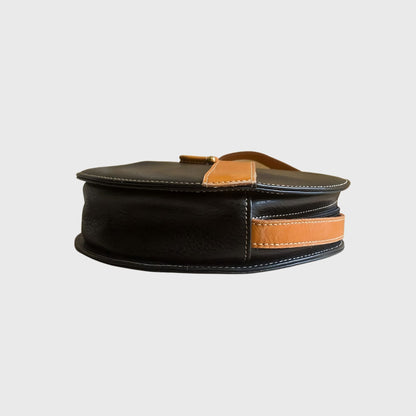 Vintage Round Black Brown Leather Sling Bag