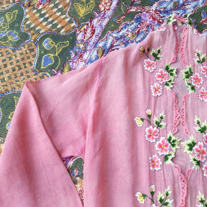 Vintage Indonesian Kebaya Encim in Pink with Pink Chrysanthemum Embroidery