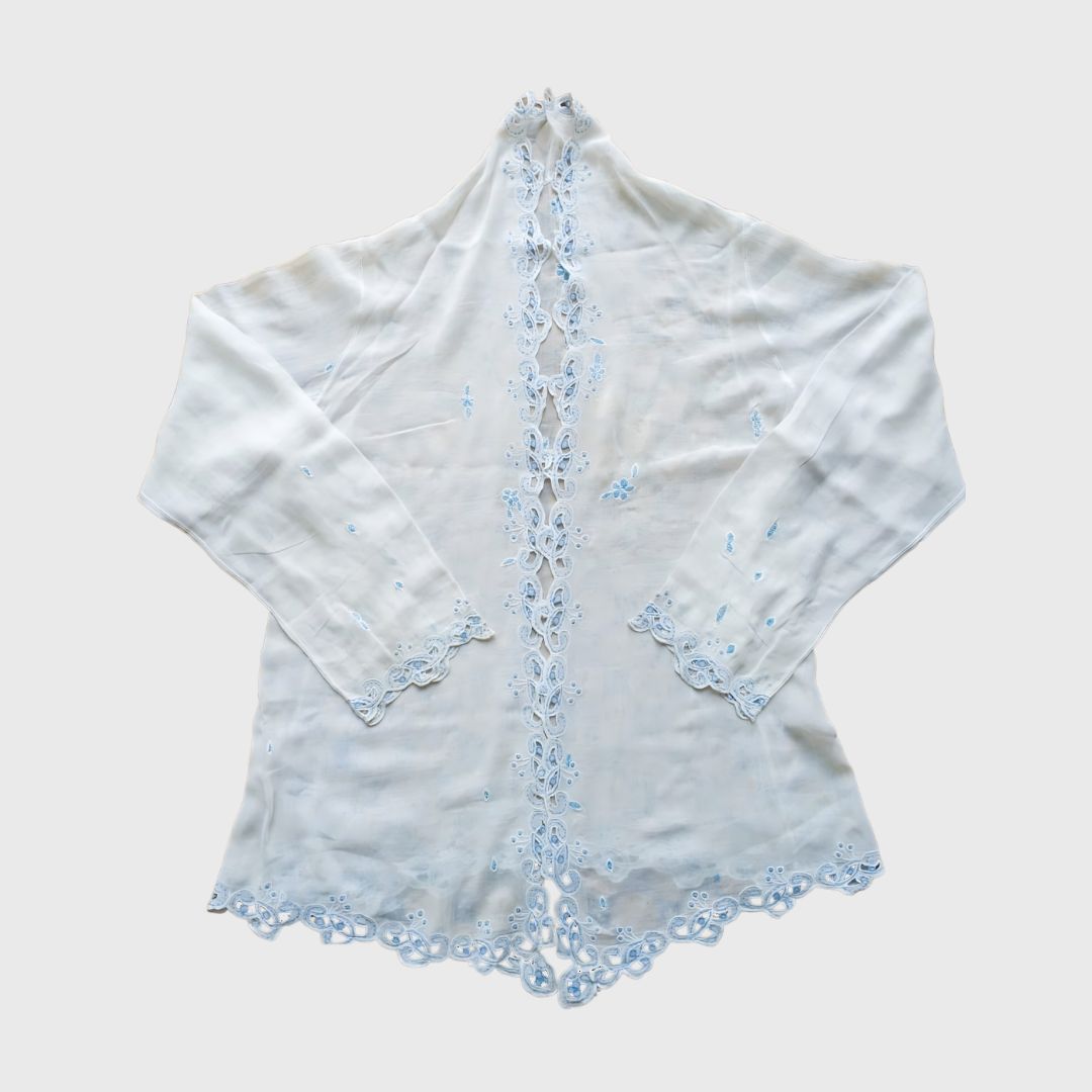 Vintage Broken White with Paisley Blue Embroidery