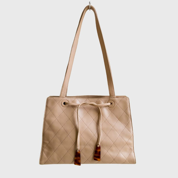 Vintage Quilted Diagonal Taupe Leather Shoulder Bag