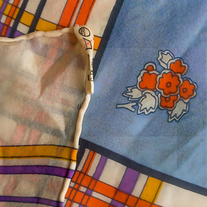 1990s Geometric Flowers Silk Blue Orange Scarf