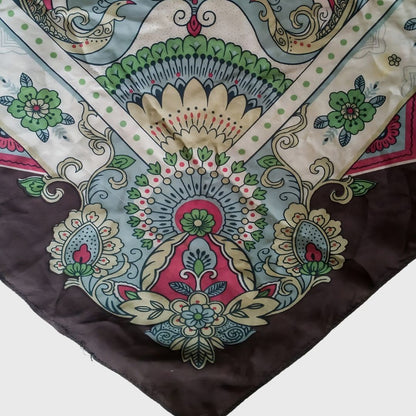 Silk Red White Brown Scarf with Flowers Motifs