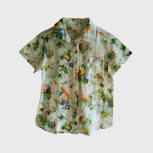 Vintage Short Sleeve Green Floral Blouse