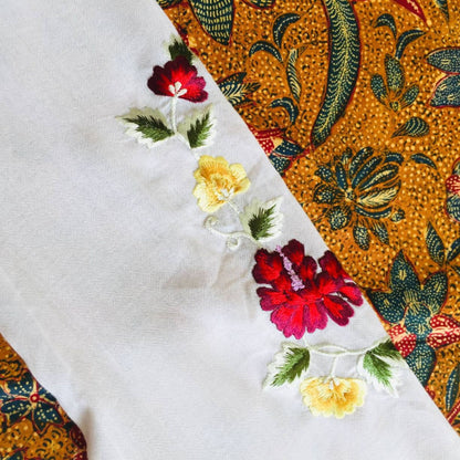 Vintage Inspired White Indonesian Kebaya with Red Seruni Flower Embroideries