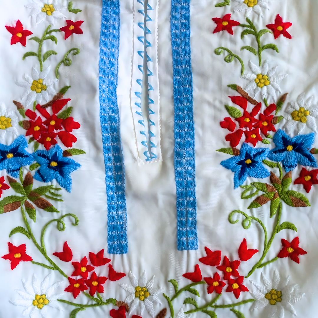 Vintage Bohemian Blouse with Blue Embroidery