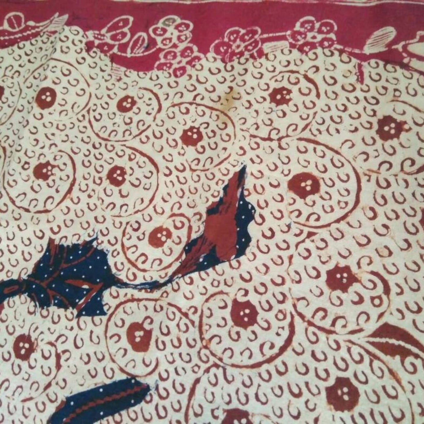 Vintage Indonesian Hand Drawn Batik with Peacock and Floral Background