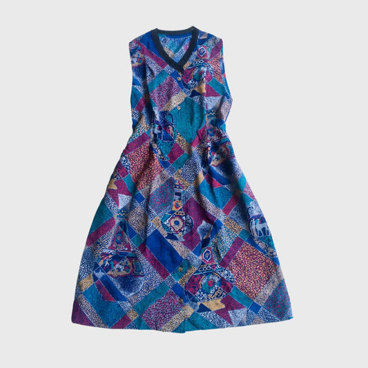 Vintage Blue Abstract Sleeveless Dress