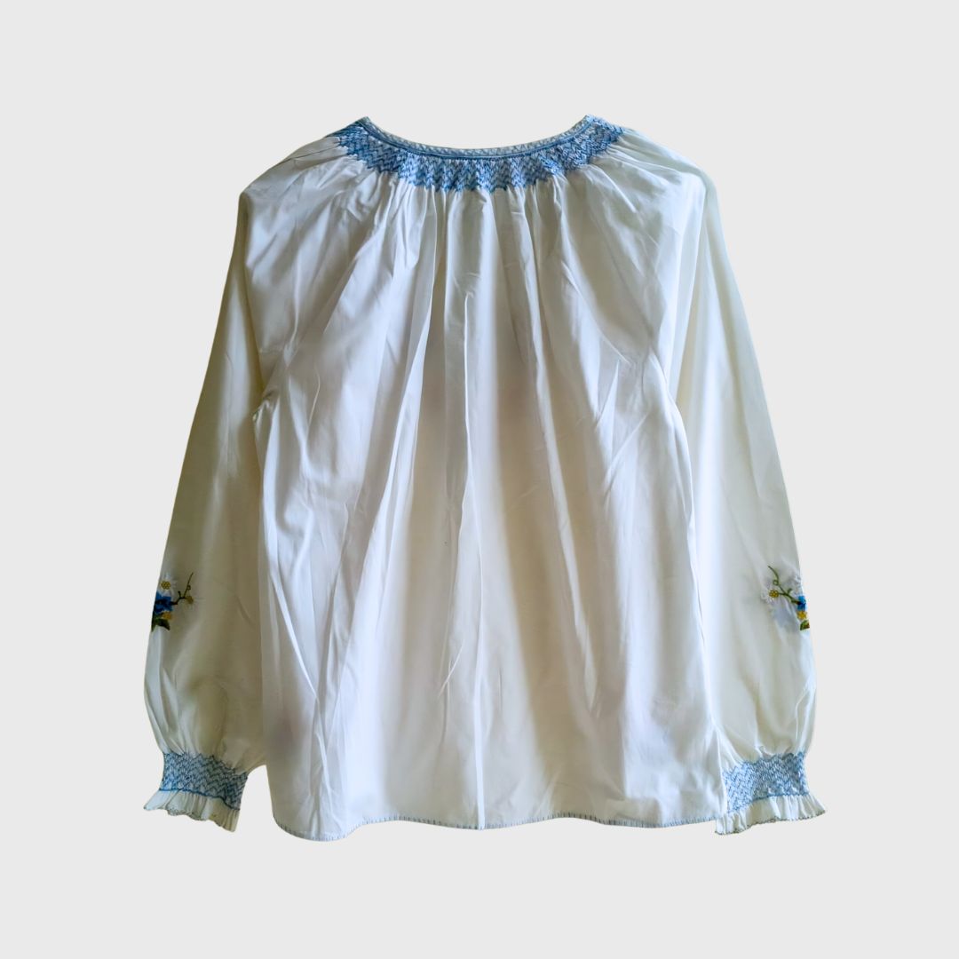 Vintage Bohemian Blouse with Blue Embroidery