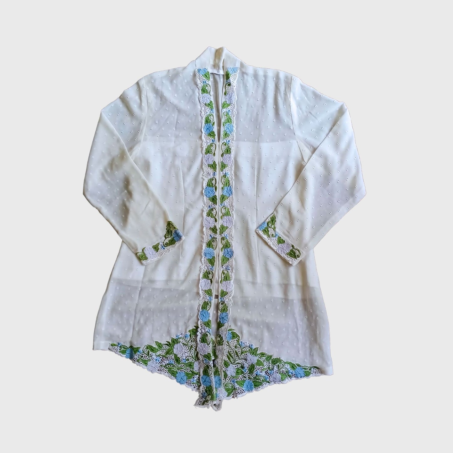 Vintage Broken White Simple Encim With Green Embroidery Kebaya