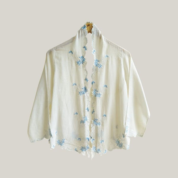 Vintage White Blue Embroidery Encim Kebaya