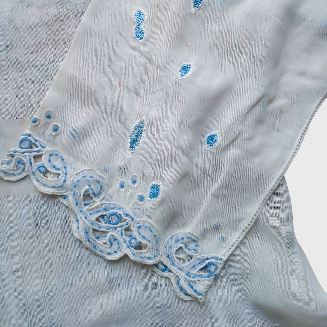 Vintage Broken White with Paisley Blue Embroidery