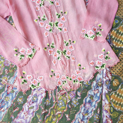 Vintage Indonesian Kebaya Encim in Pink with Pink Chrysanthemum Embroidery