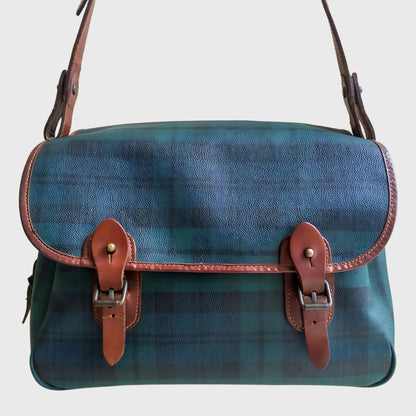 Vintage Plaid Pattern Navy Blue Leather Messenger Bag