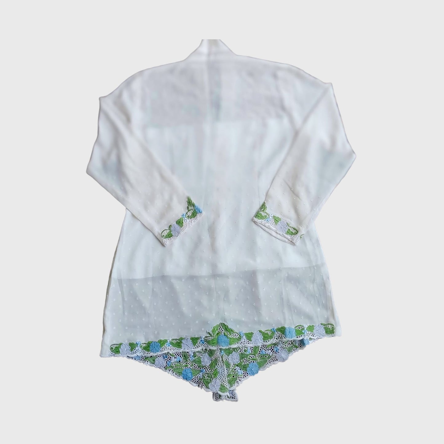 Vintage Broken White Simple Encim With Green Embroidery Kebaya
