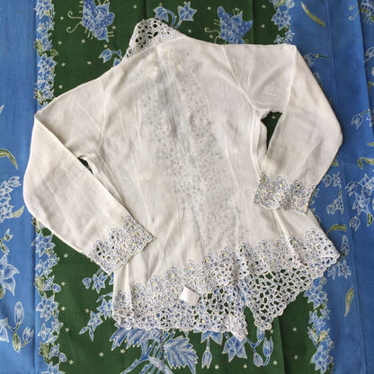 Vintage Indonesian Kebaya Krancang in White with Blue Flower Embroidery