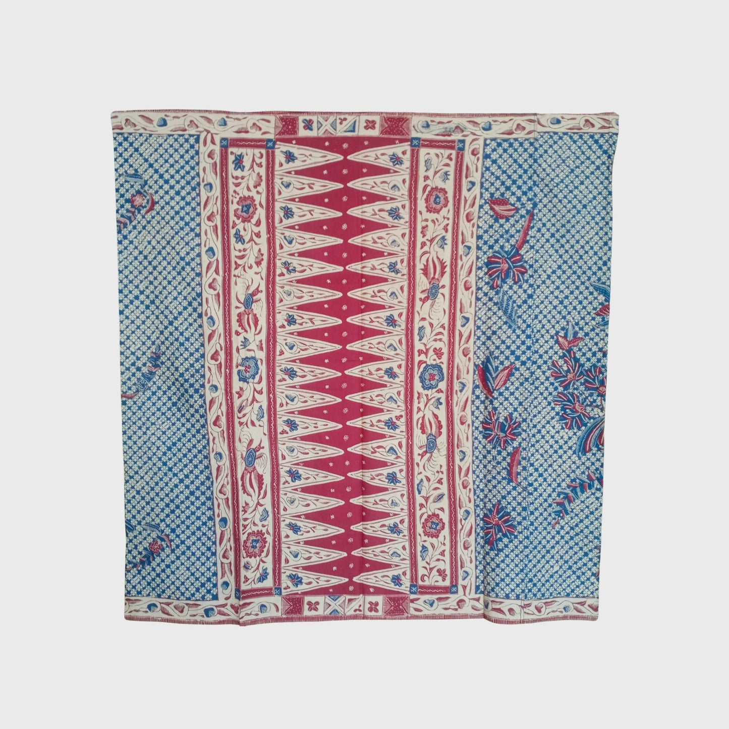 1980s Tumpal Pasung Red Blue Clover Leaf Motif Saroong Shawl