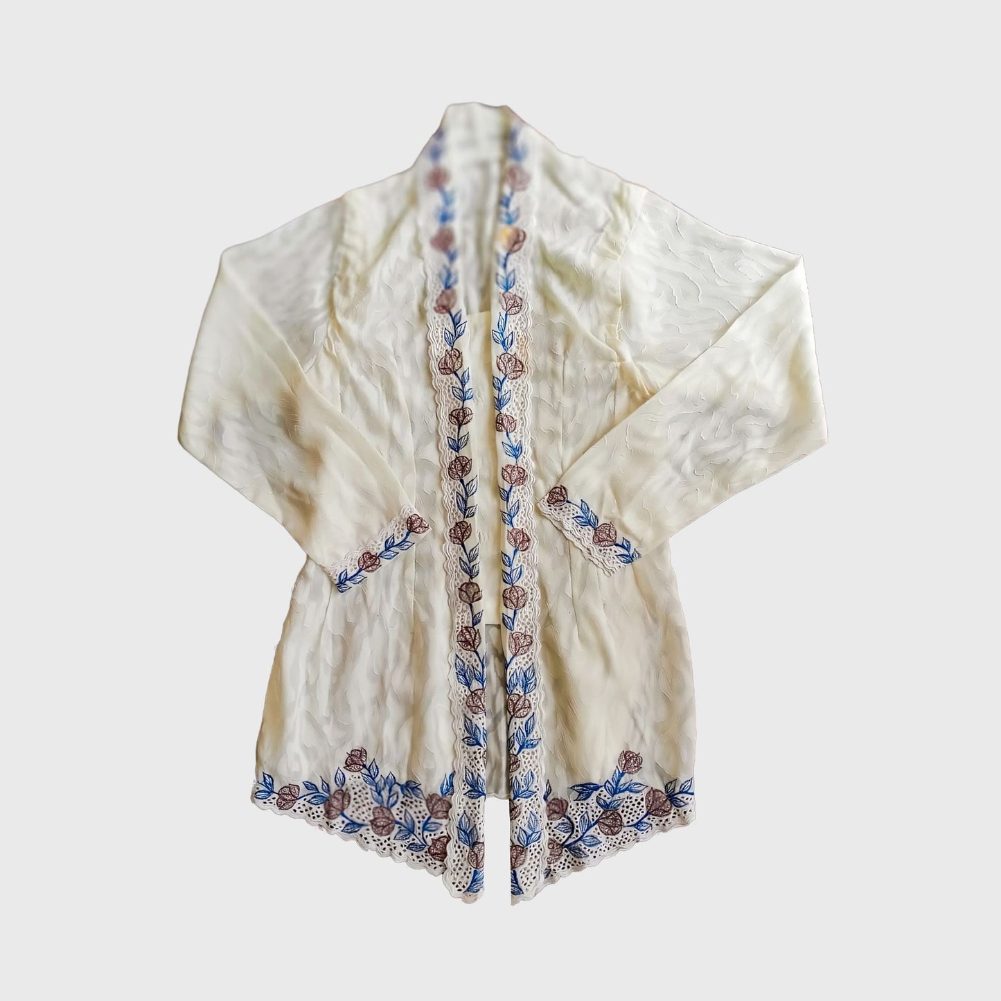 Vintage Broken White Simple Encim With Blue Embroidery Kebaya