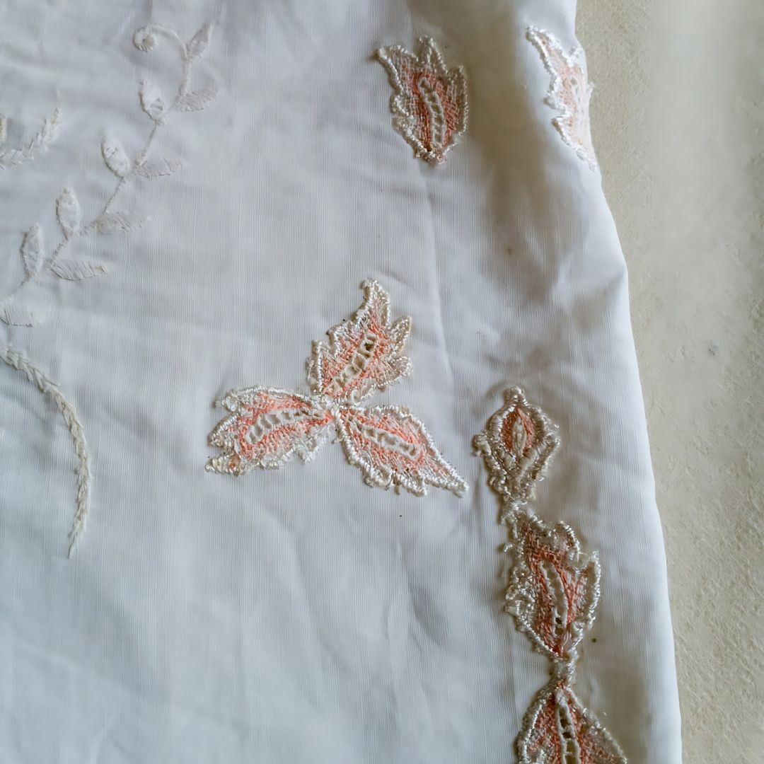 Vintage Broken White Camisole With Pink Rose Embroidery