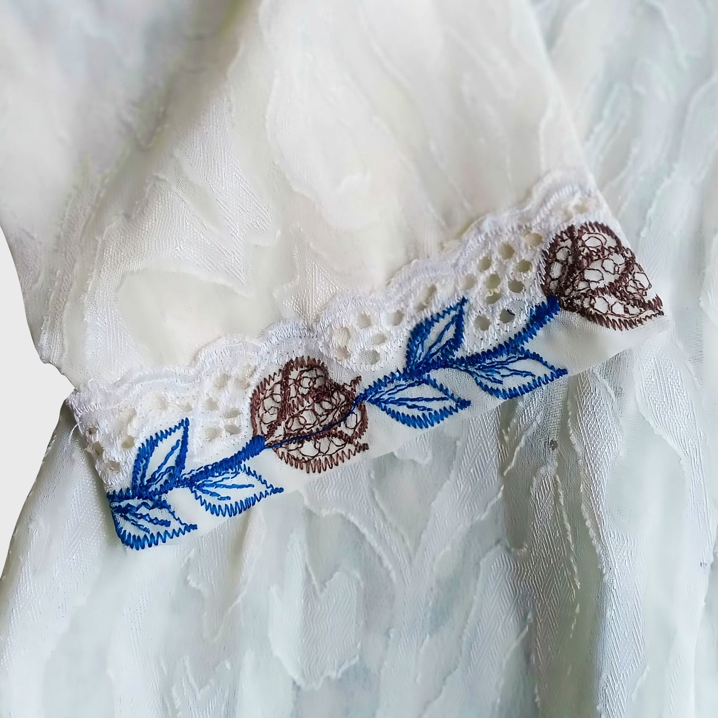 Vintage Broken White Simple Encim With Blue Embroidery Kebaya