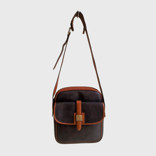 Vintage Logo Texture Brown Leather PVC Shoulder Bag