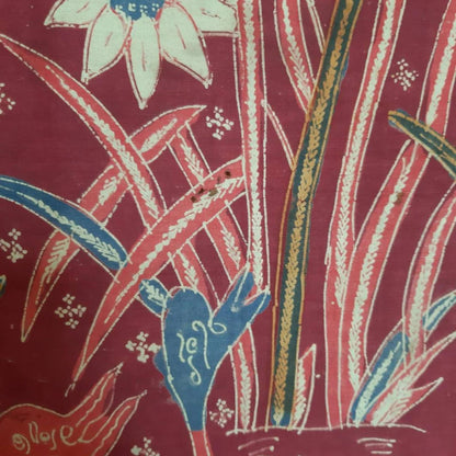 Vintage Indonesian Hand Drawn Batik Saroong Dutch Motif (Belanda) in Brick Red with Flamingo and Lillies