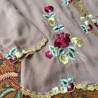 Vintage Inspired Peanut Brown Indonesian Kebaya with Red Seruni Flower Embroideries