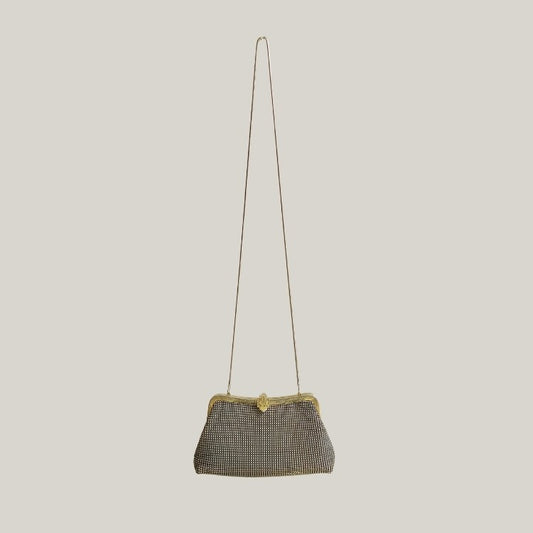 Vintage Gold Tone Kiss Lock Gray Metal Mesh Sling Bag