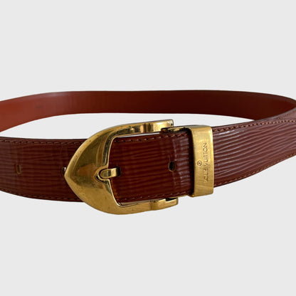 1995 Cipango Gold Tone Brown Leather Belt