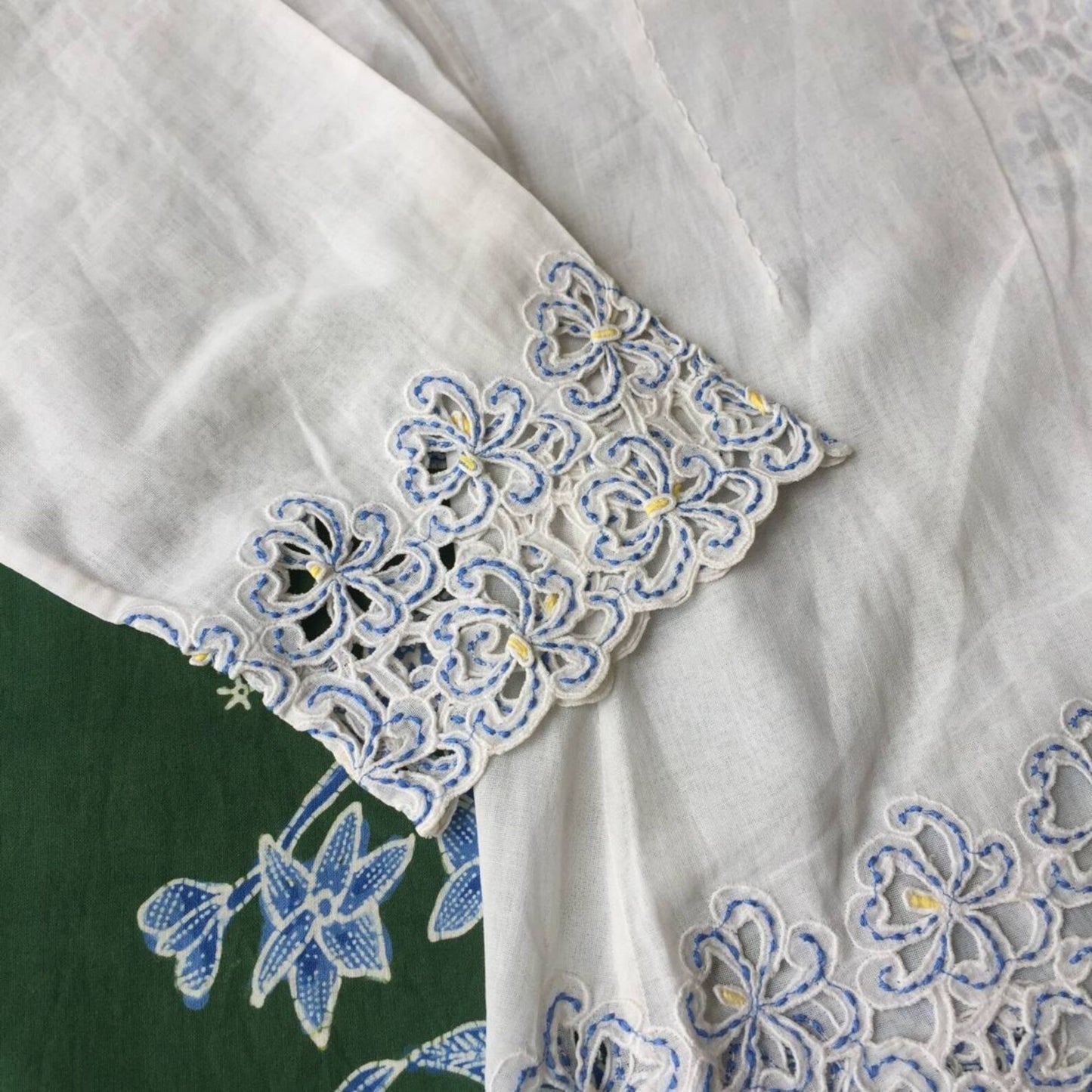 Vintage Indonesian Kebaya Krancang in White with Blue Flower Embroidery