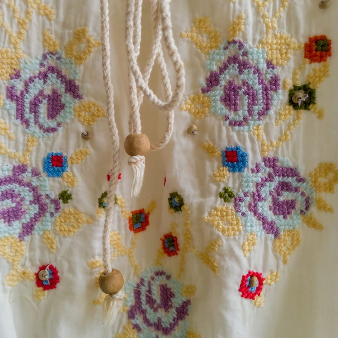 Vintage Short Sleeve Bohemian Yellow Purple Embroidery Blouse