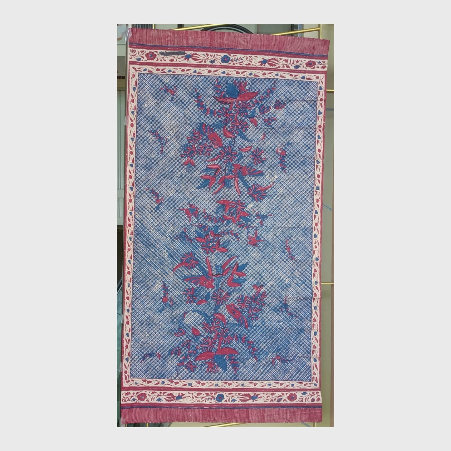 1980s Tumpal Pasung Red Blue Clover Leaf Motif Saroong Shawl