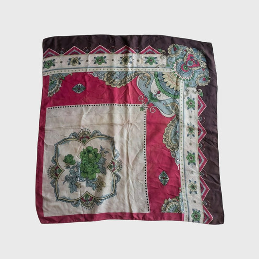 Silk Red White Brown Scarf with Flowers Motifs