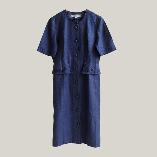 Vintage Plain Pocket Navy Dress