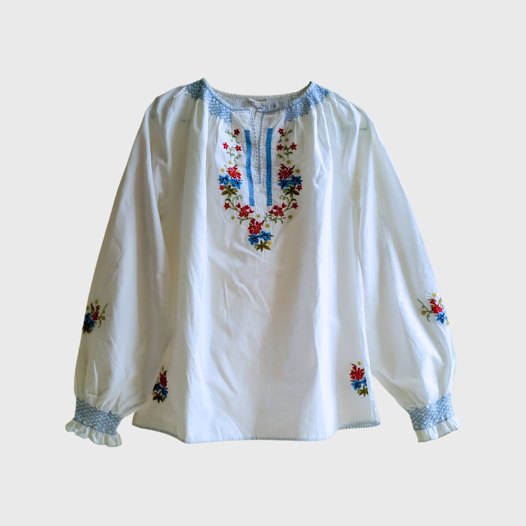 Vintage Bohemian Blouse with Blue Embroidery