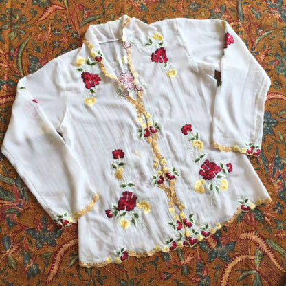 Vintage Inspired White Indonesian Kebaya with Red Seruni Flower Embroideries