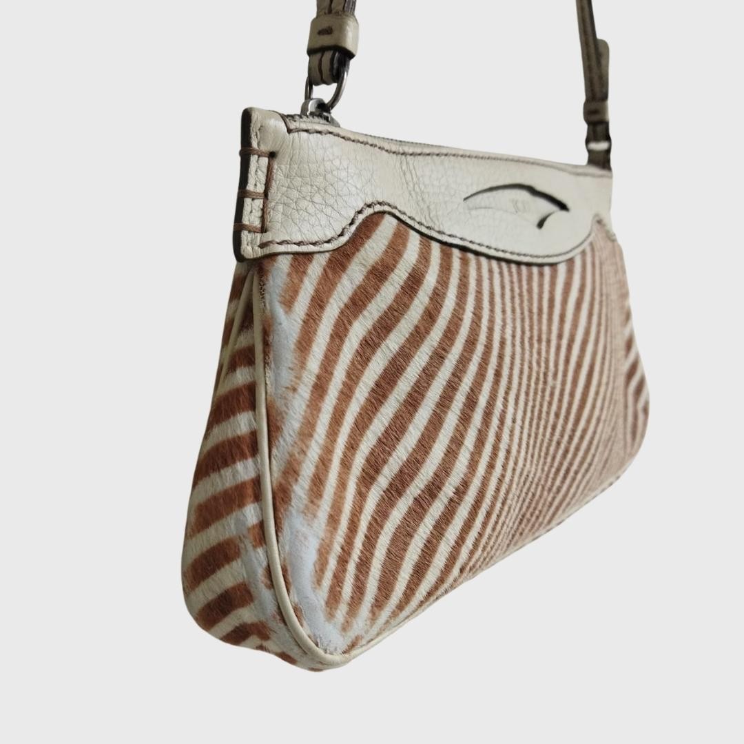 Vintage Zebra Brown Broken White Leather Suede Hand Bag