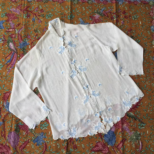 Vintage Indonesian Kebaya France Lace in White with Blue Floral Embroidery