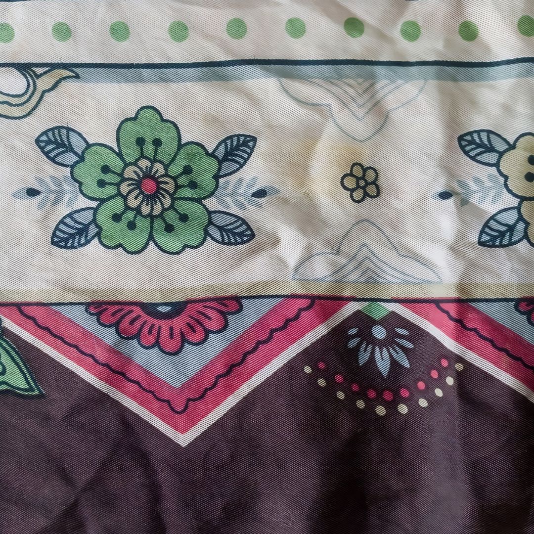 Silk Red White Brown Scarf with Flowers Motifs