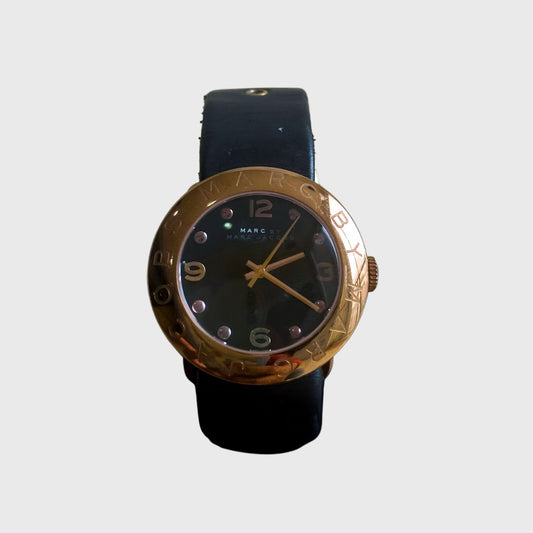 2000s MBM1154 Gold Accent Black Leather Watch