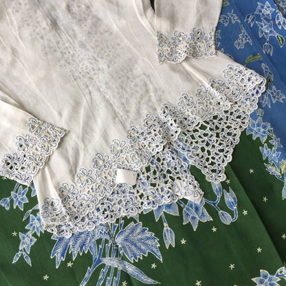 Vintage Indonesian Kebaya Krancang in White with Blue Flower Embroidery